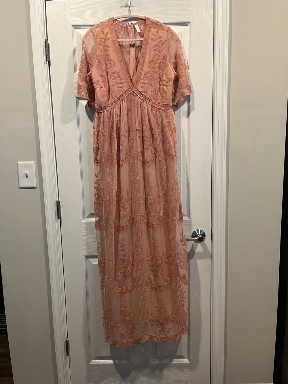 Pinkblush Blush Pink Lace Mesh Maternity Embroidered V-Neck Maxi Dress Size L